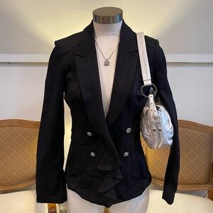 WHBM Elegant Black Double-Breasted Blazer Jacket w Military Buttons, Women's S